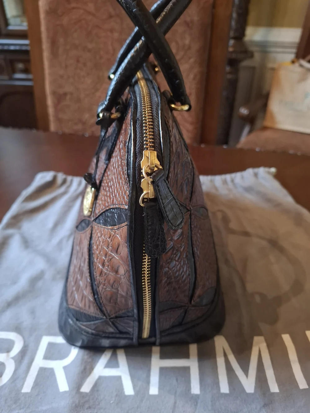 Rare Brahmin Brown & Black Croc-Embossed Satchel with Matching Wallet